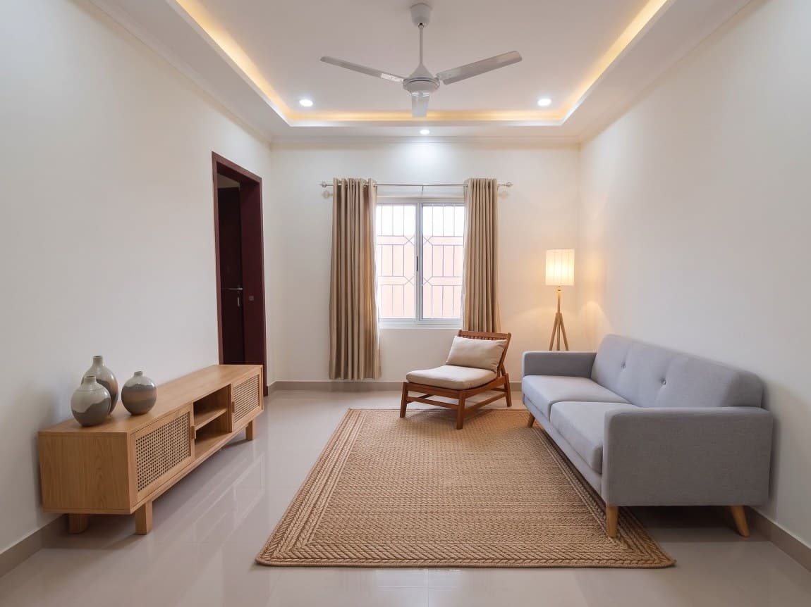 Living room after: redesigned by Auralis in Japandi style